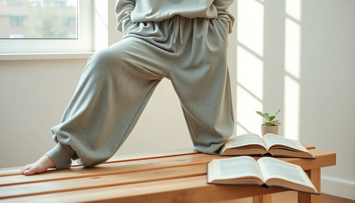 Fashionable oversized sweatpants elegantly displayed on a wooden bench, emphasizing comfort.