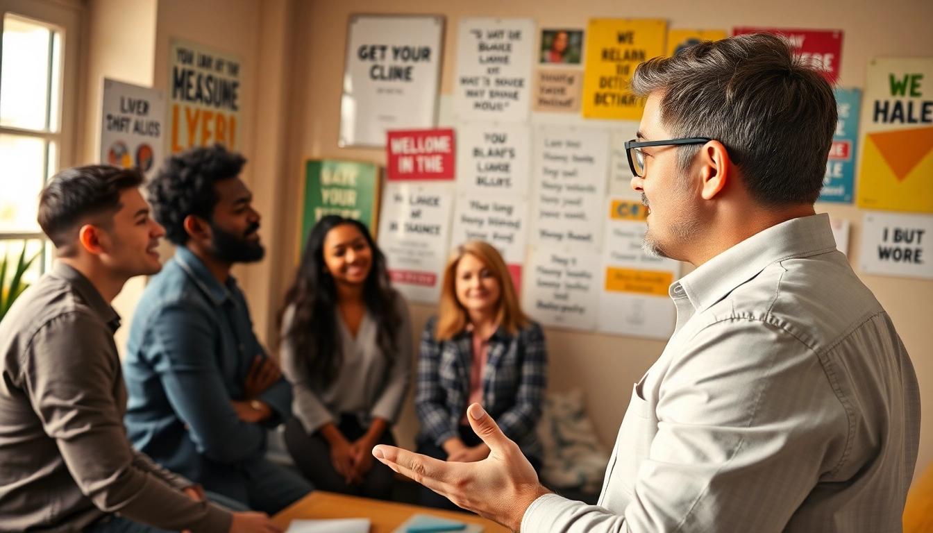 Find my true calling illustrated by a career coach engaging a diverse group in a motivational workshop.