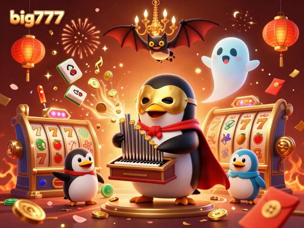 Winning big777 with a whimsical casino scene featuring a penguin at an organ and vibrant celebration elements.