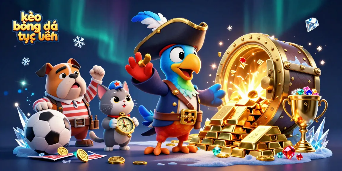 Place bets on kèo bóng đá trực tuyến illustrated with vibrant characters, gold elements, and sports imagery.