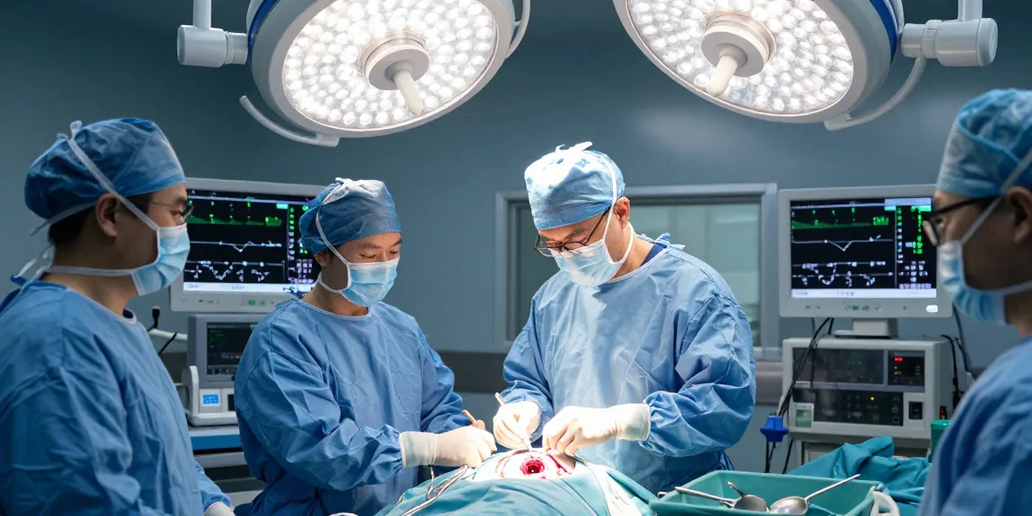 Beyin tümörü ameliyatı in progress with a skilled neurosurgeon and a focused surgical team in a bright, sterile operating room.