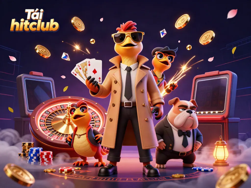 Engage in thrilling gameplay with Tải hitclub, showcasing playful raptors disguised to enter a VIP casino.