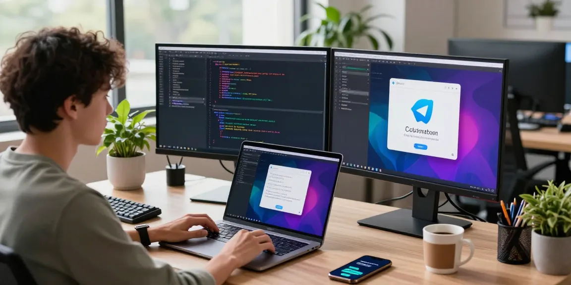 Developer coding Telegram中文 interface in a modern tech workspace with dual monitors and coffee.