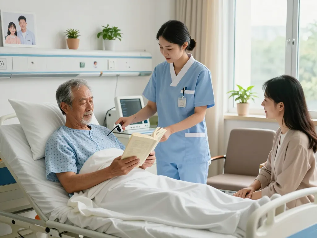 giường bệnh nhân in a cozy hospital room with patient, nurse, and family interaction