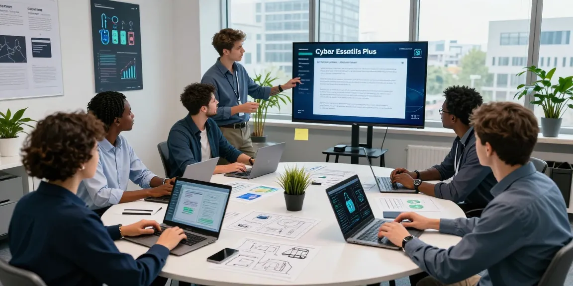 Team discussing cyber essentials plus cost during a strategic meeting in a modern office.