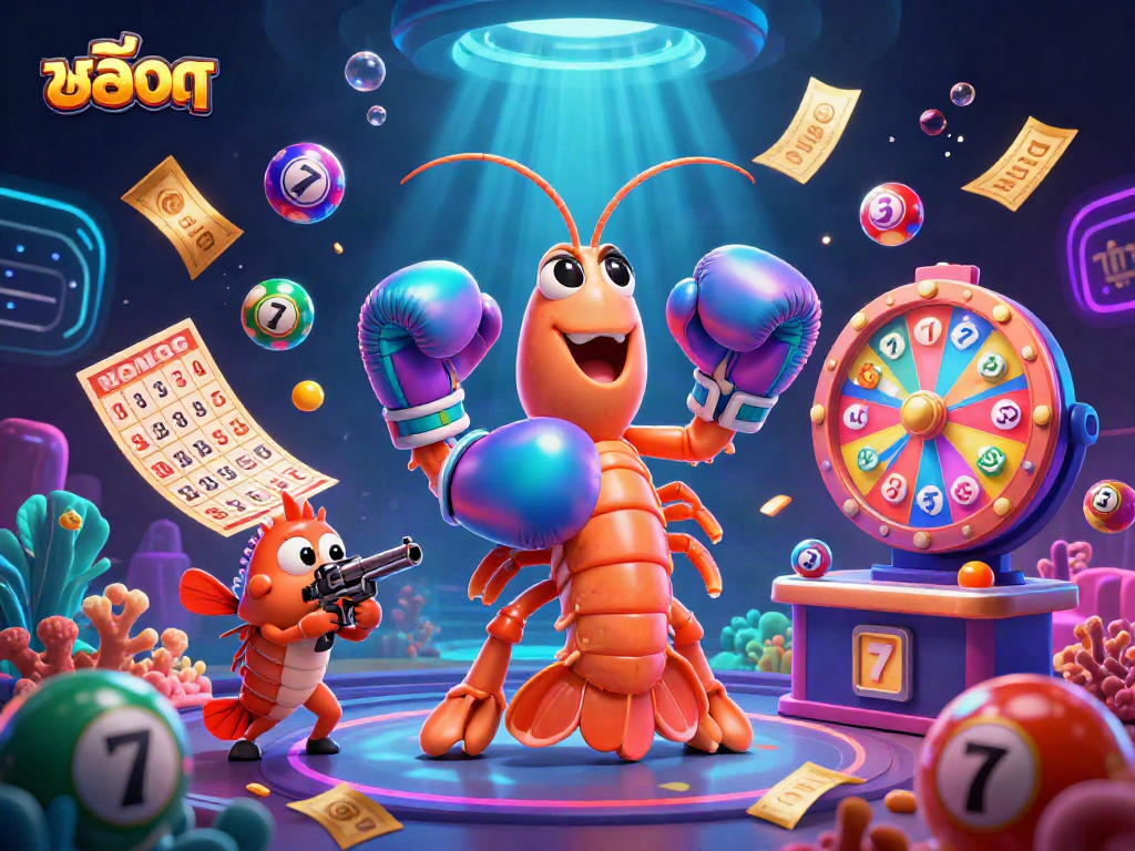 Play สล็อต with vibrant animations featuring mantis shrimp, lottery balls, and casino elements.
