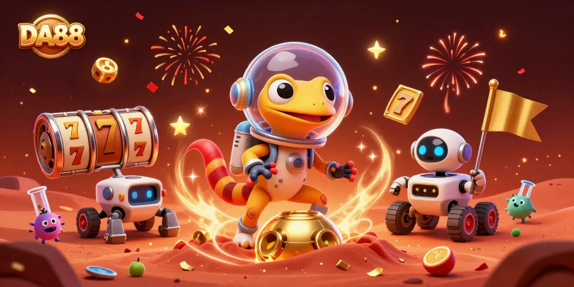 Engage in DA88 gaming fun with a Martian gecko and robot amidst slot machines and cosmic celebrations.