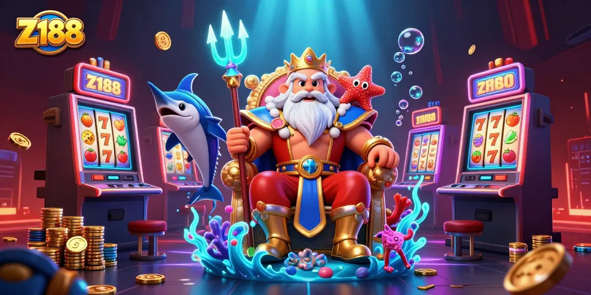 Experience thrilling Z188 slots with vibrant jackpots and dynamic casino elements in this vivid 3D scene.