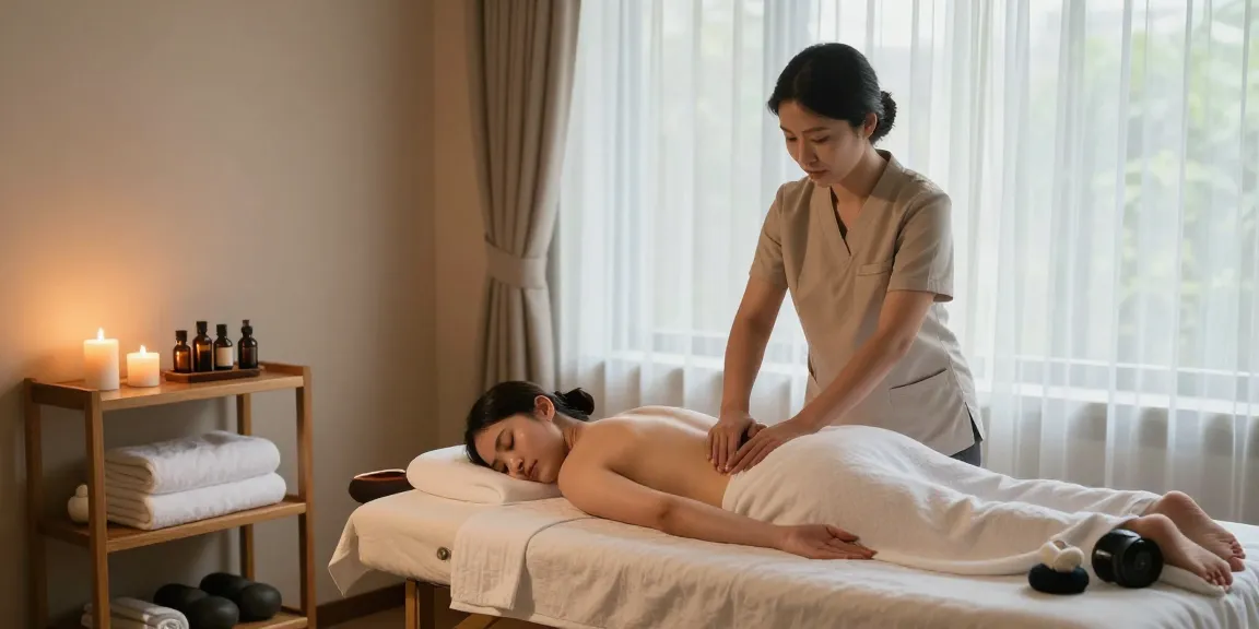 Relaxing wellness spa scene featuring a 마사지 therapist preparing for a Swedish massage.