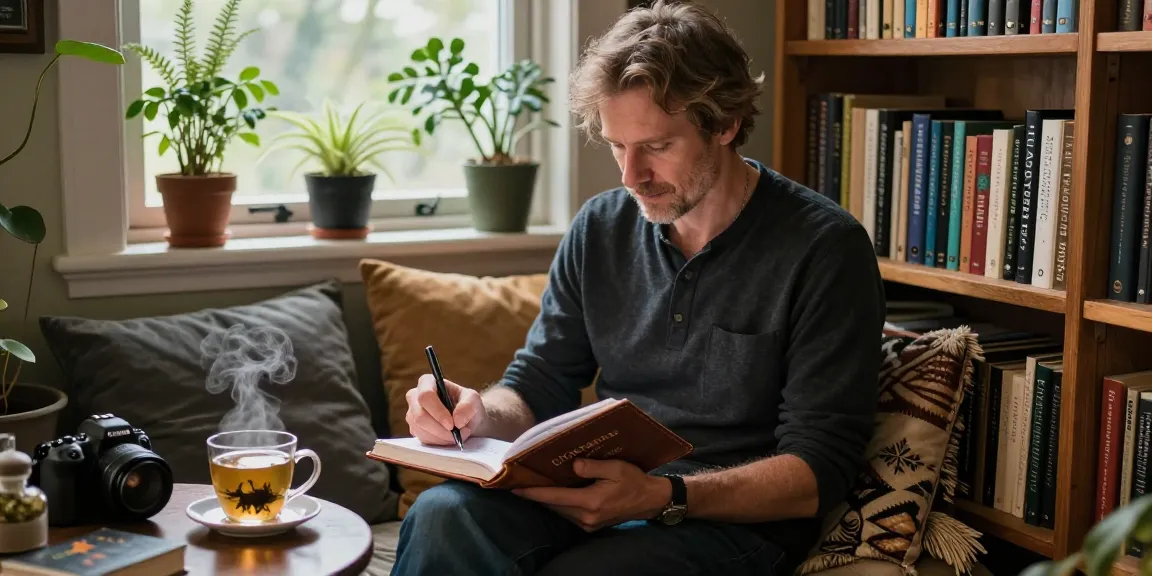 T Allen Greenfield depicted at his writing nook surrounded by spirituality and UFO literature on https://tallengreenfield.com.