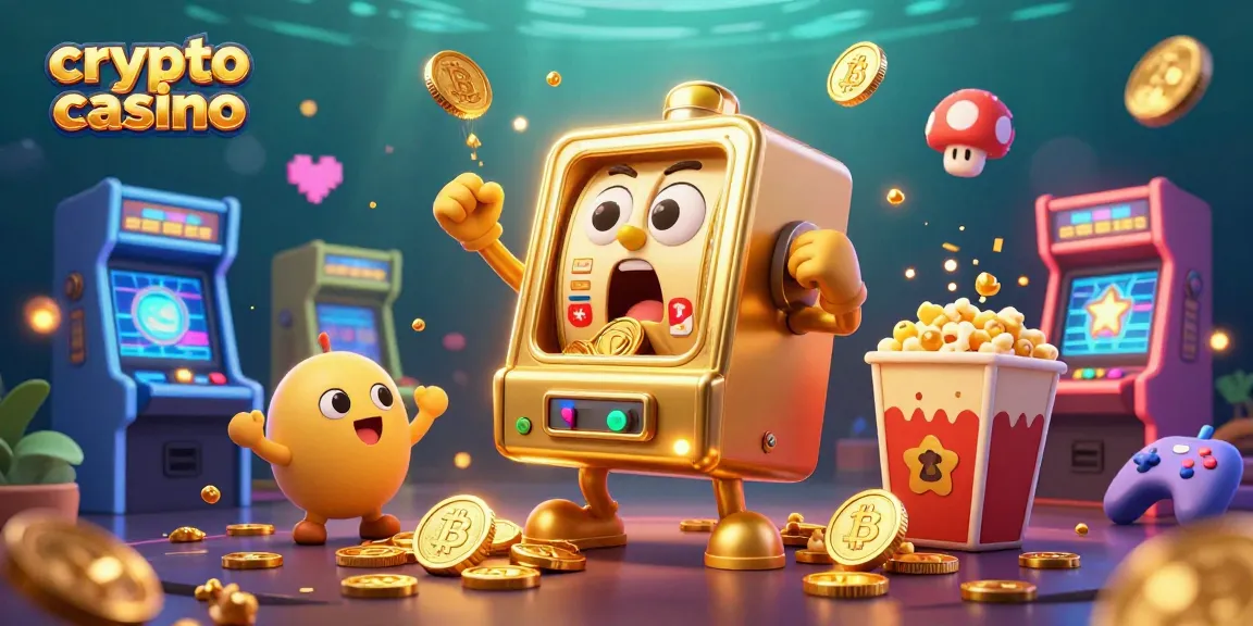 Engage in the crypto casino experience with playful slot machines celebrating their jackpot in a vibrant setting.