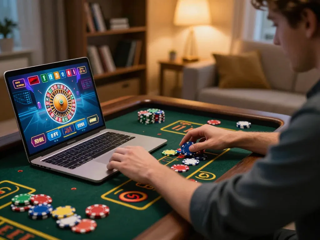 Experience online gambling at https://ok904.com/ with exciting roulette gameplay on laptop in cozy study