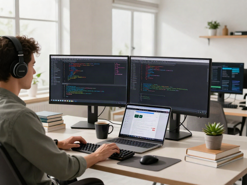 Developer menggunakan PGserver di ruang kerja modern dengan monitor yang menunjukkan kode dan aplikasi web.