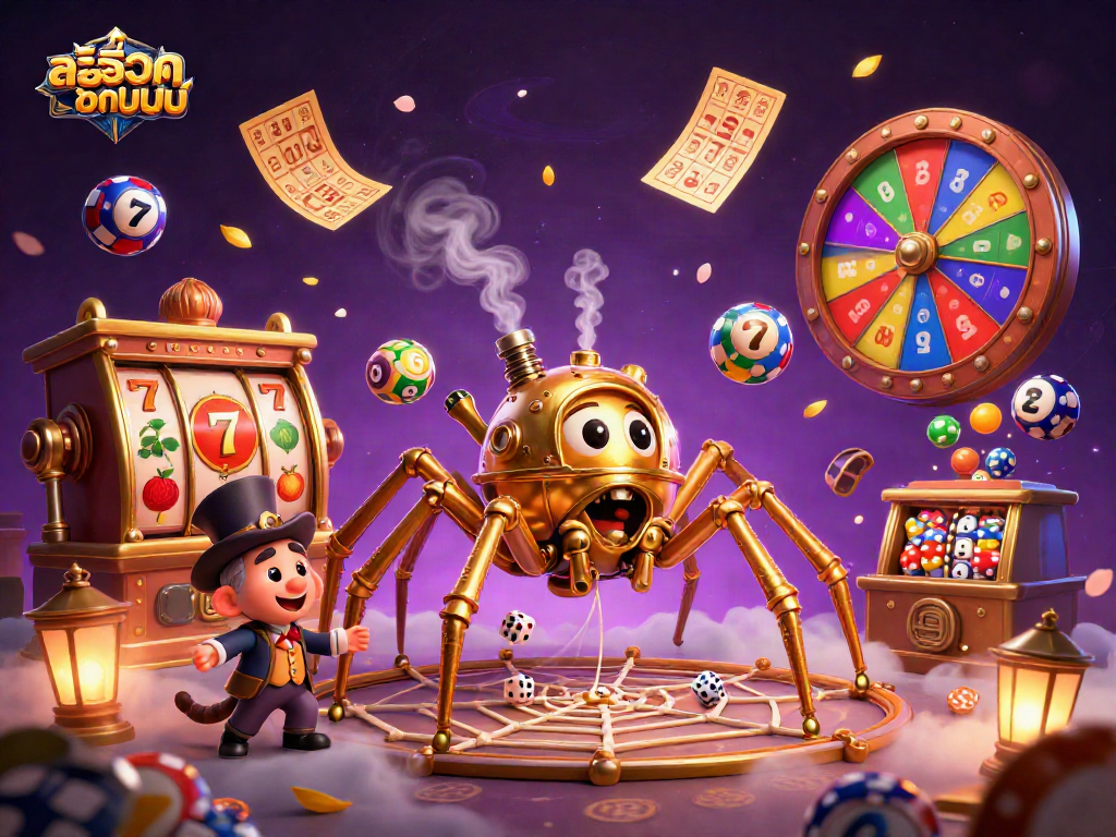 Play engaging สล็อตออนไลน์ with a whimsical illustration of a steampunk spider and playful elements.