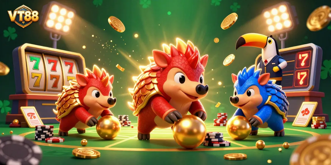 Engage in thrilling slots action with VT88, featuring colorful cartoon pangolins, jackpots, and dynamic casino elements.