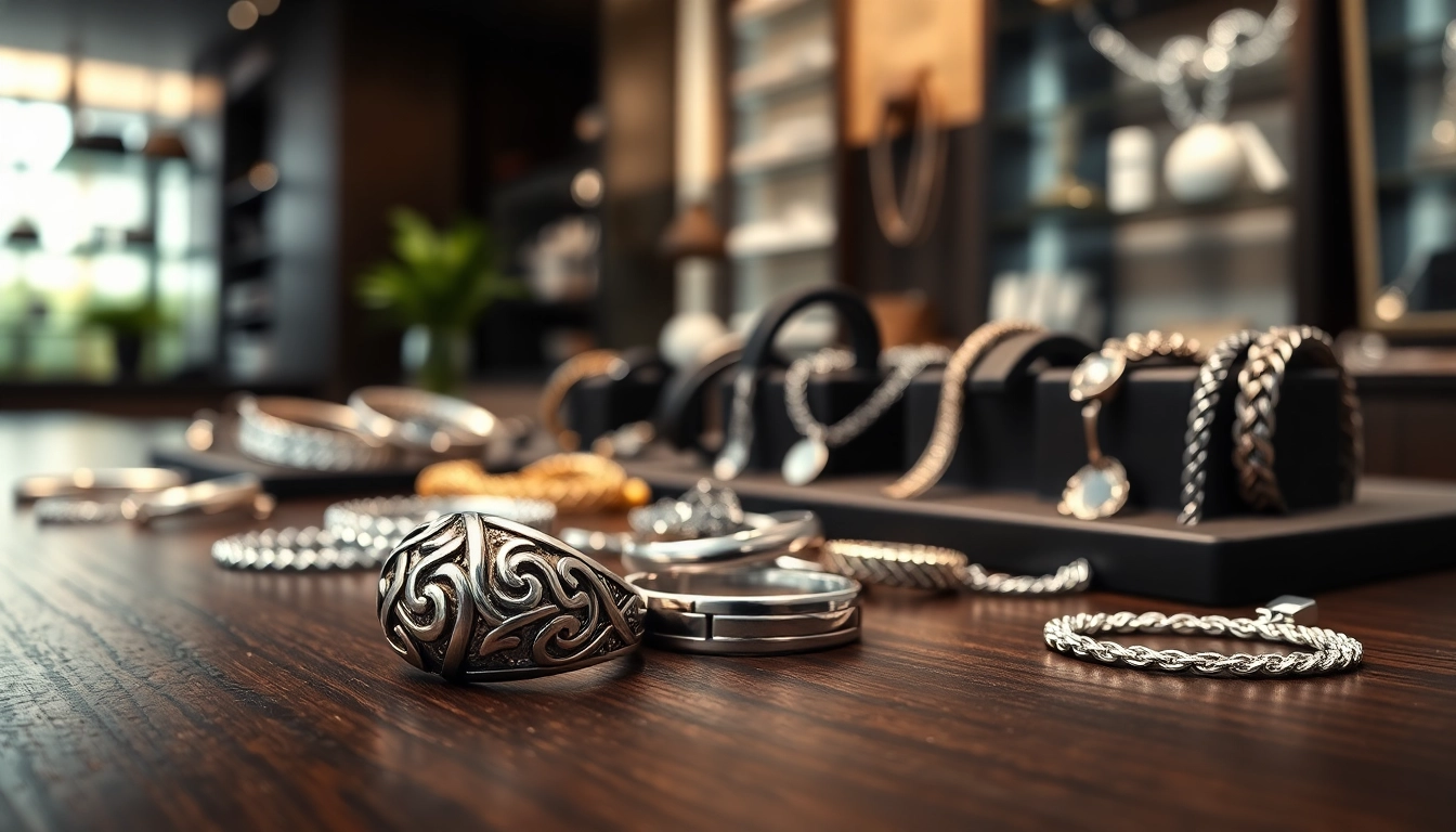 Showcase of men’s jewelry, featuring a striking silver ring and stylish bracelets on a classic table.