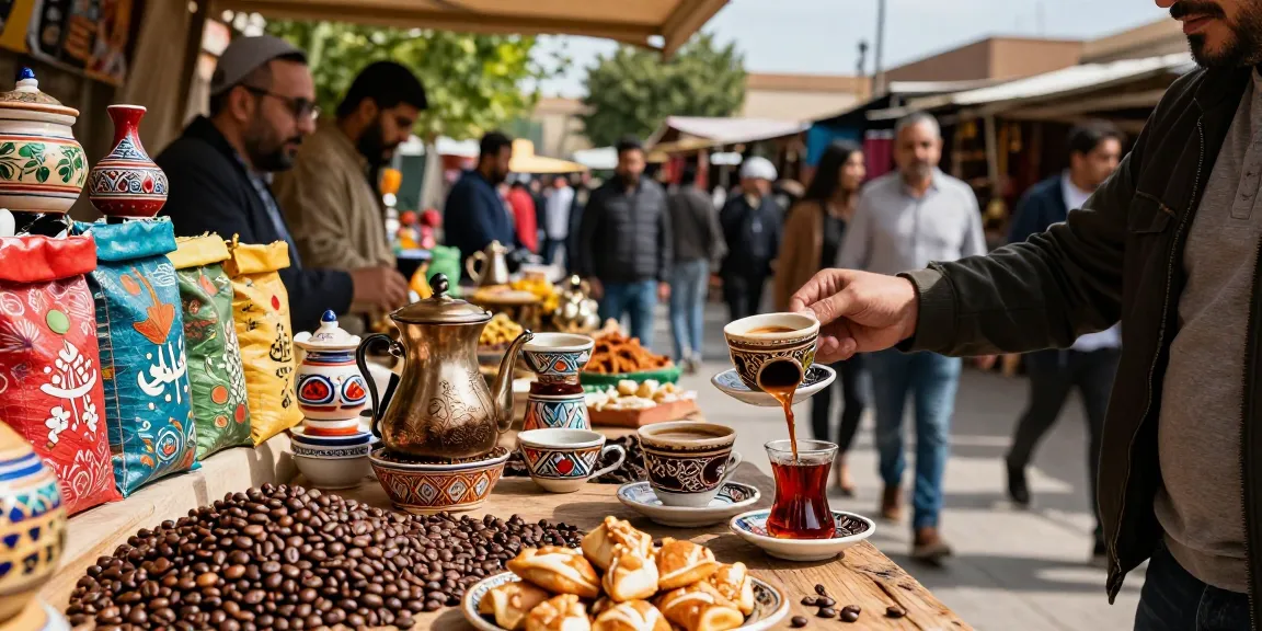 قهوجي وصبابين يقدمون القهوة الطازجة في سوق نابض بالحياة