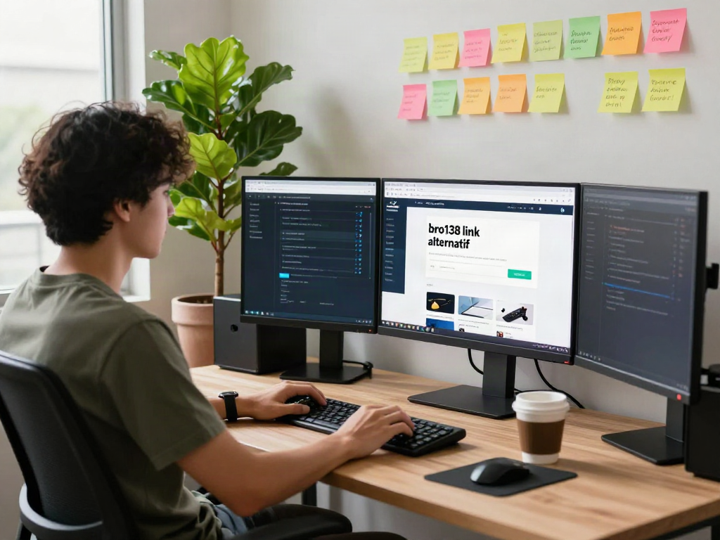 Developer working on bro138 link alternatif website in a modern tech workspace