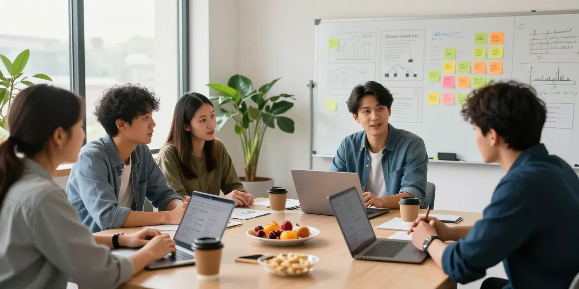 Team discussing business strategies at https://www.startsomethingpc.com with vibrant co-working environment and brainstorming materials.