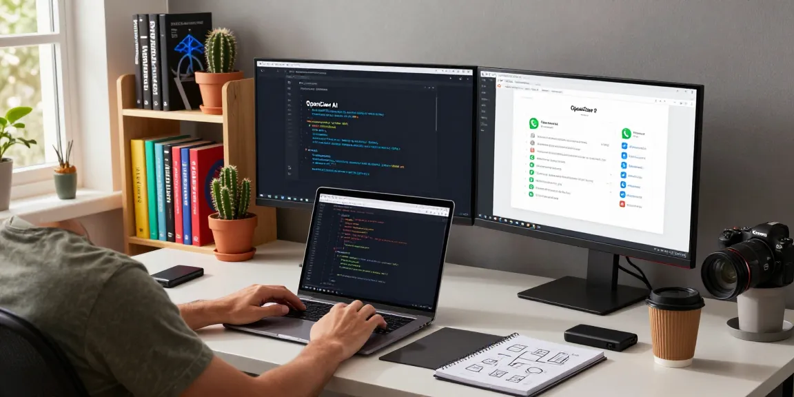 Open Claw AI setup in a modern workspace with dual monitors, coding, and integration tools.