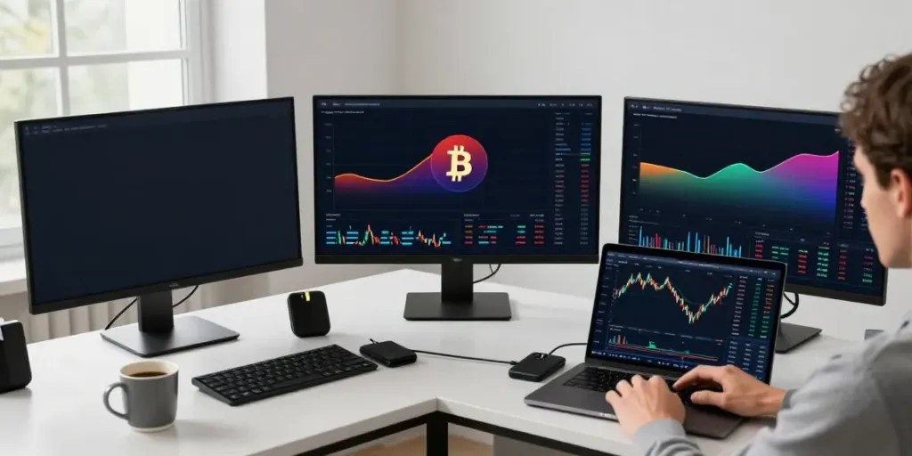 yfinance代替 in a cryptocurrency trading workspace with advanced charts and market indicators displayed on multiple screens.