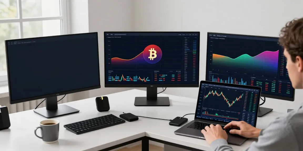 yfinance代替 in a cryptocurrency trading workspace with advanced charts and market indicators displayed on multiple screens.