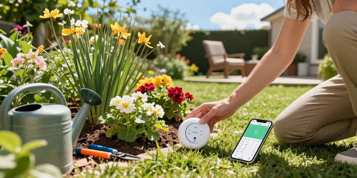 Homeowner using the rainpoint wifi water timer for efficient garden irrigation in a sunny backyard.