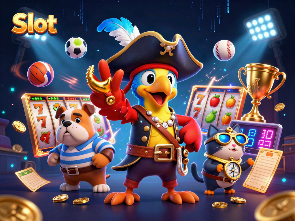Spin the slot reels alongside the pirate captain and his crew in this vibrant 3D illustration.