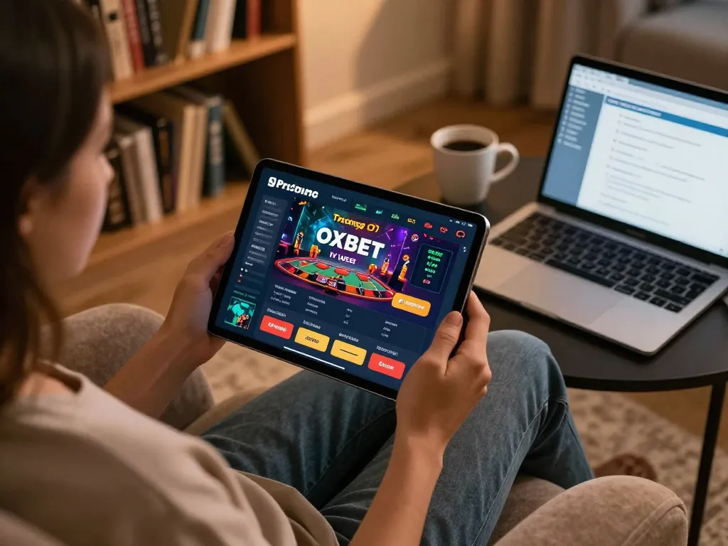 Engaging with the trang chủ OXBET platform for online casino gaming on a cozy tablet setup.