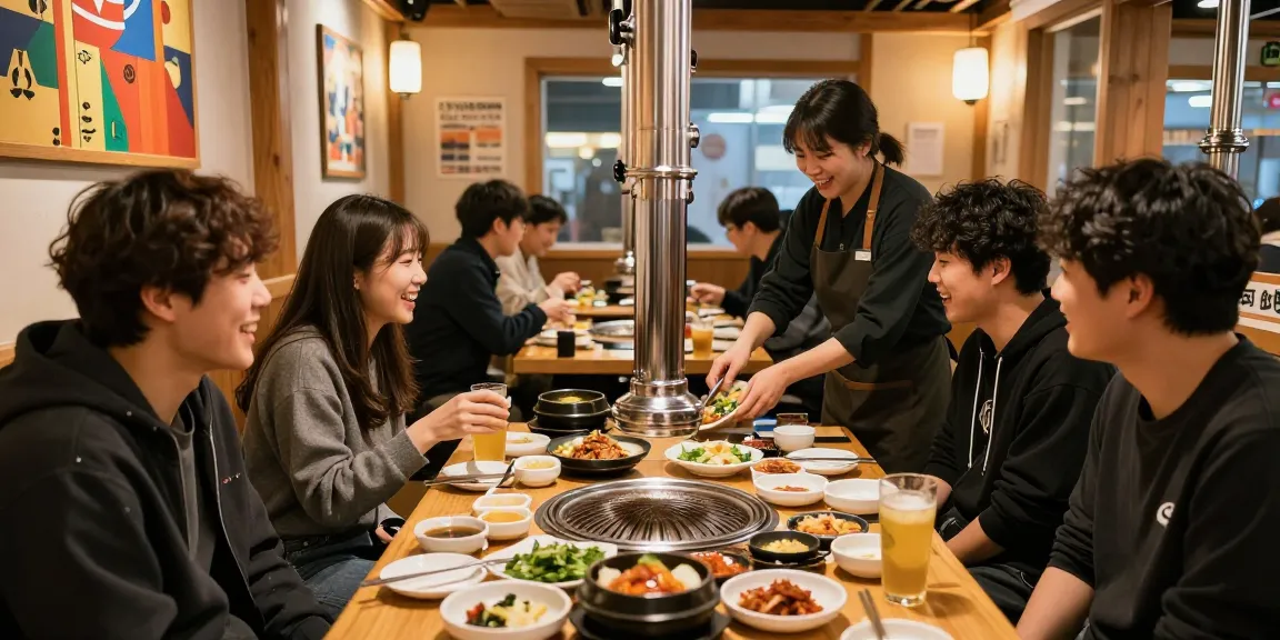 Gathering at 상봉동 한국관나이트 with friends enjoying Korean delicacies in a warm, inviting atmosphere
