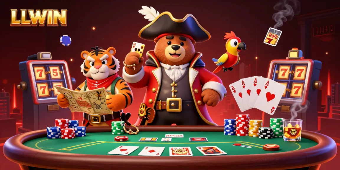 Experience thrilling gaming at LLWIN with a pirate bear, tiger, and vibrant casino elements.