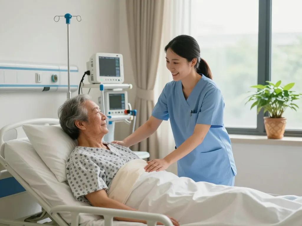 Adjusting a giường bệnh nhân in a warm hospital room, emphasizing patient care and comfort.