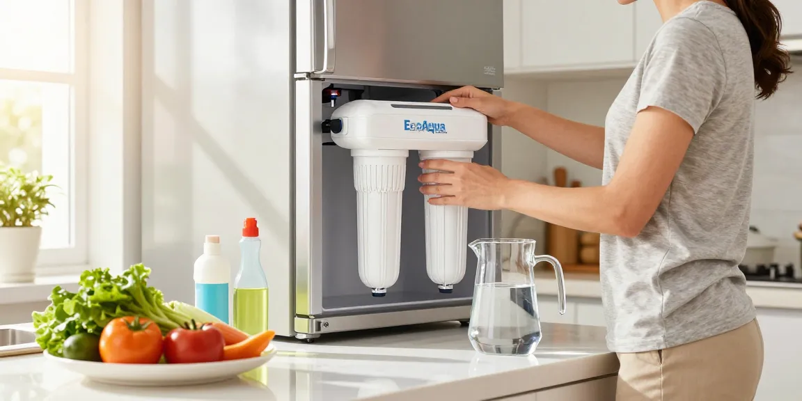 Person installing EcoAqua EFF-6013A Replacement Filter in a bright modern kitchen, surrounded by fresh ingredients.