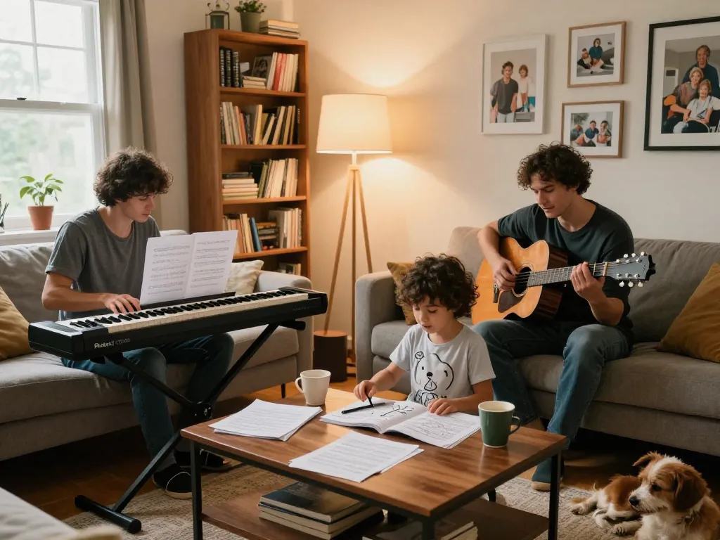 Family enjoying a cozy jam session with the go 88 digital piano surrounded by sheet music and warm lighting.