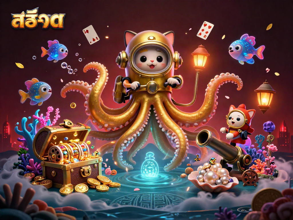 Play slots with thrilling underwater adventure featuring a kraken, diving cat, and glowing fish, สล็อต excitement awaits!