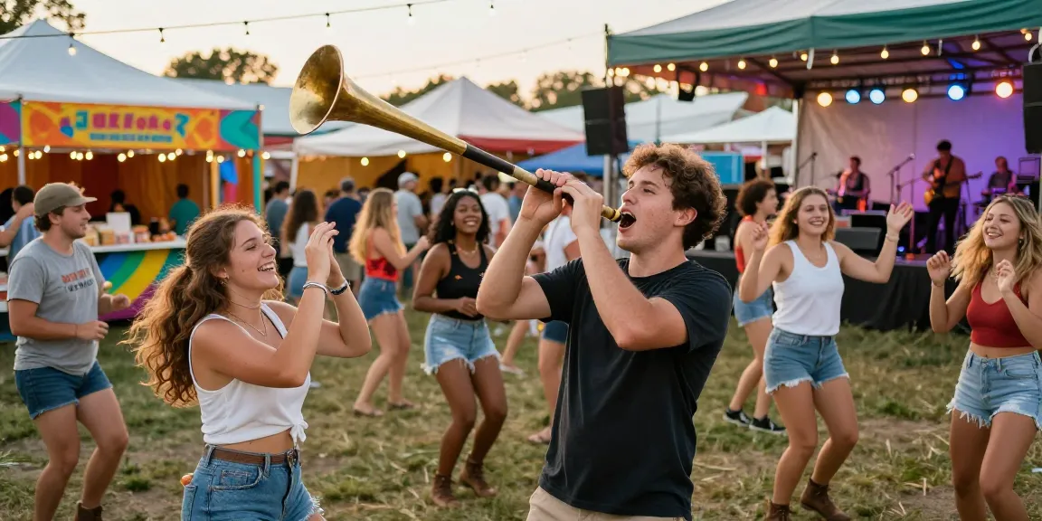 Friends celebrating with bayou-blasters handheld horns at a lively festival.