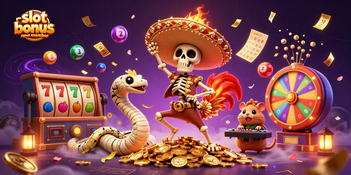 Spin to win with slot bonus new member in vibrant 3D scene featuring lucky symbols and animated prizes.