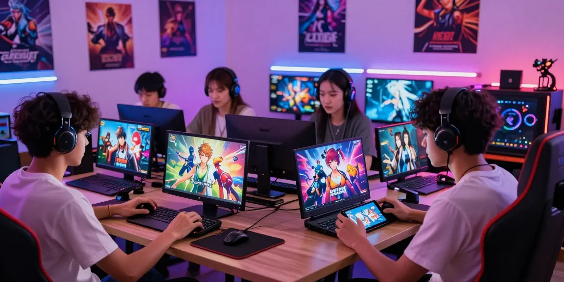 Group of gamers enjoying adult games on multiple devices in a vibrant gaming room