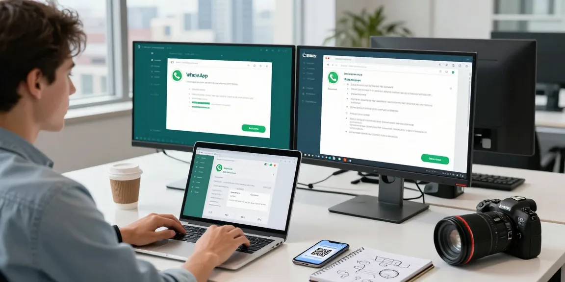 WhatsApp電腦版 user messaging on a laptop in a modern office workspace.