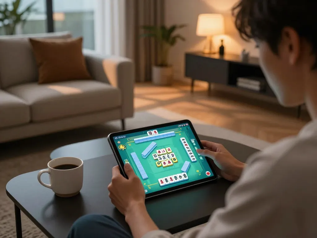 Engaging in Mahjong gameplay on a tablet in a cozy room setting.