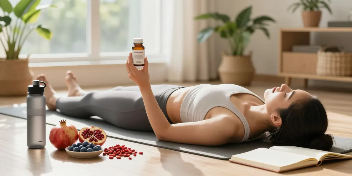 A health-conscious individual enjoying a natural antioxidant supplement in a serene yoga environment with fresh fruits.