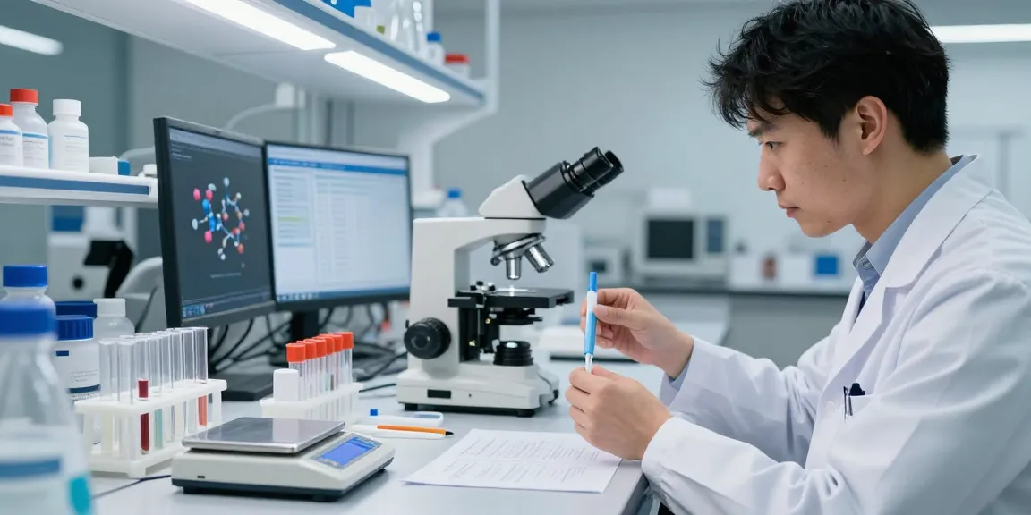 Researcher examining Swiss Chems peptides and SARMs in a modern laboratory, emphasizing purity and scientific rigor.