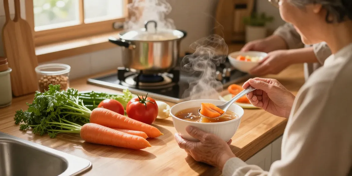 Enjoying 天源素營養湯 in a cozy kitchen with fresh ingredients.