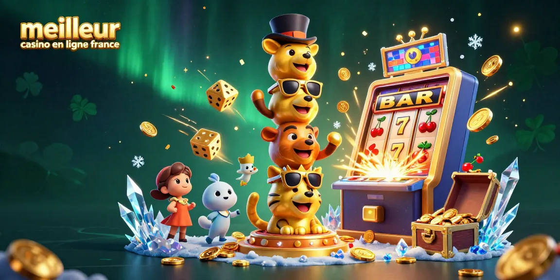 Illustration dynamique représentant le meilleur casino en ligne France avec un totem doré et des éléments de jeu colorés.