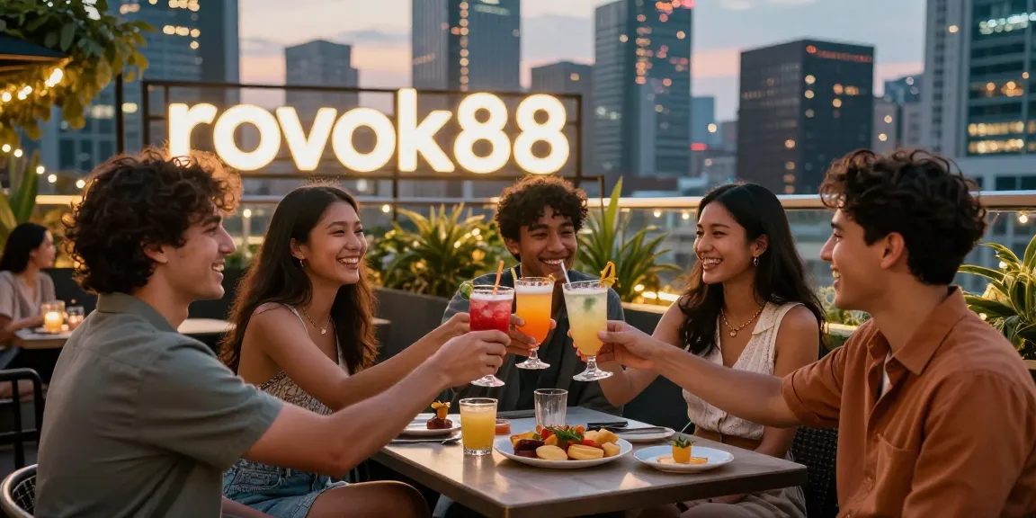 Friends enjoying lively evening at rooftop bar with cocktails featuring rokok88 branding.