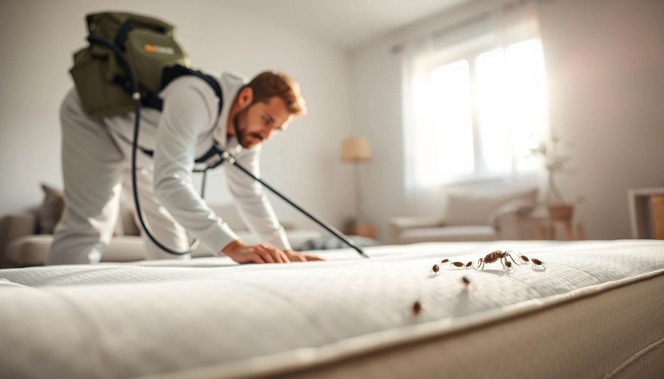 Bed bug extermination near me service technician inspecting for infestations.