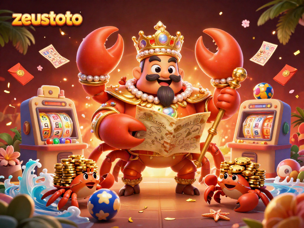 Experience zeustoto as the golden crab emperor leads a vibrant casino adventure with lottery symbols and treasures.