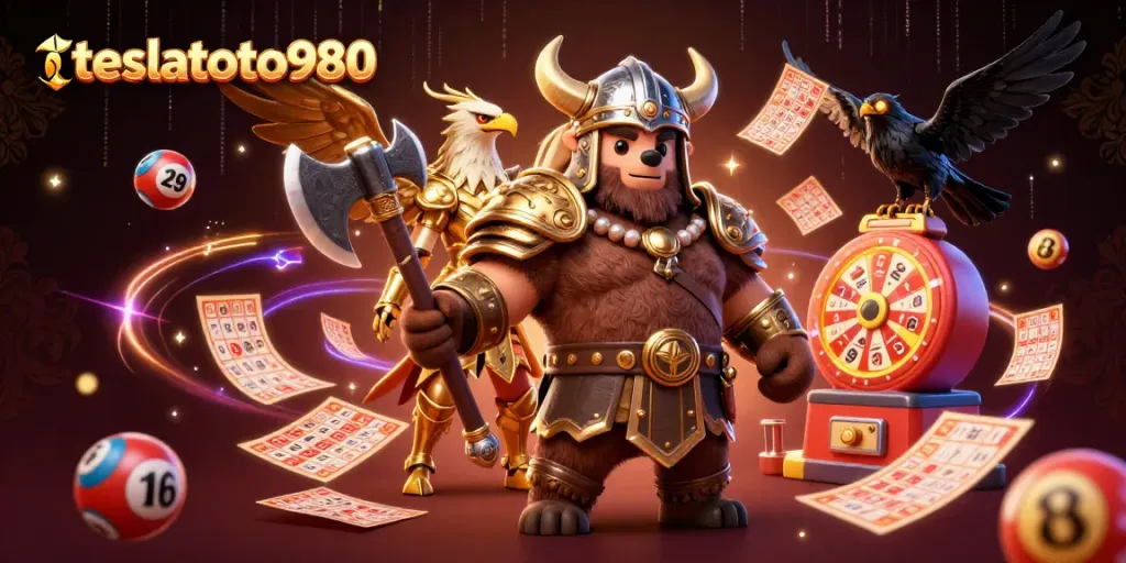 Experience the thrill of teslatoto980 with a vibrant and dynamic lottery-themed illustration.