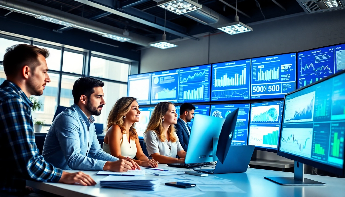 Analyze SEO performance metrics with a dedicated team in a modern office setting.