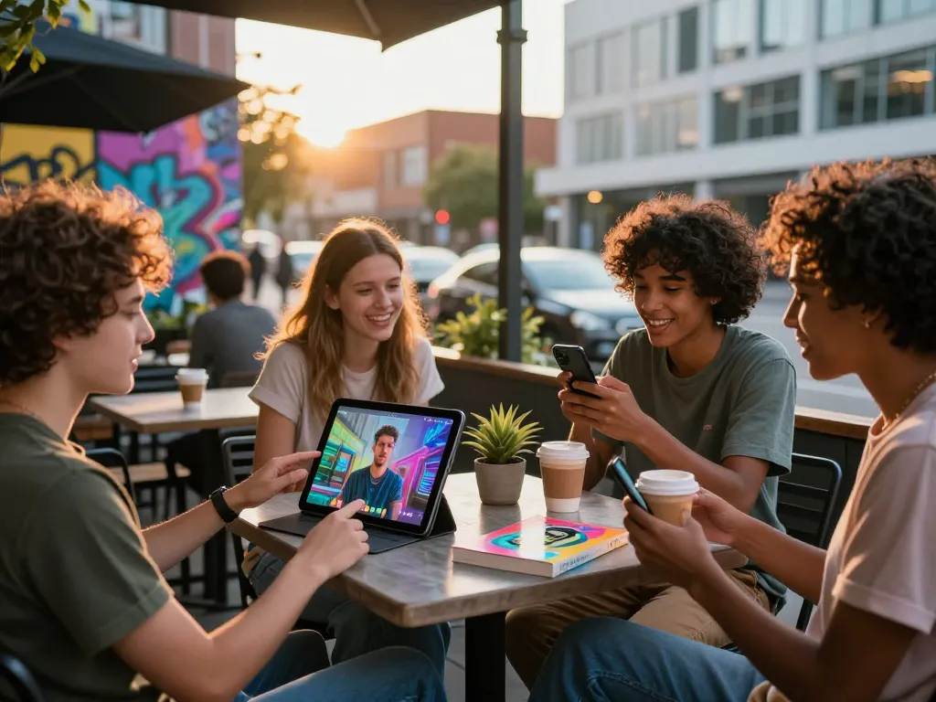 Friends discussing new nsfw ai apps at a bustling café during sunset